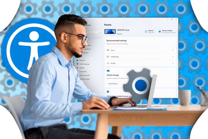 Man wearing glasses working on a laptop with accessibility icon in background