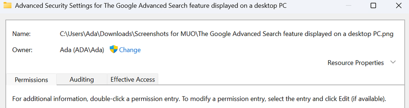 Permissions page for a file in Windows 11
