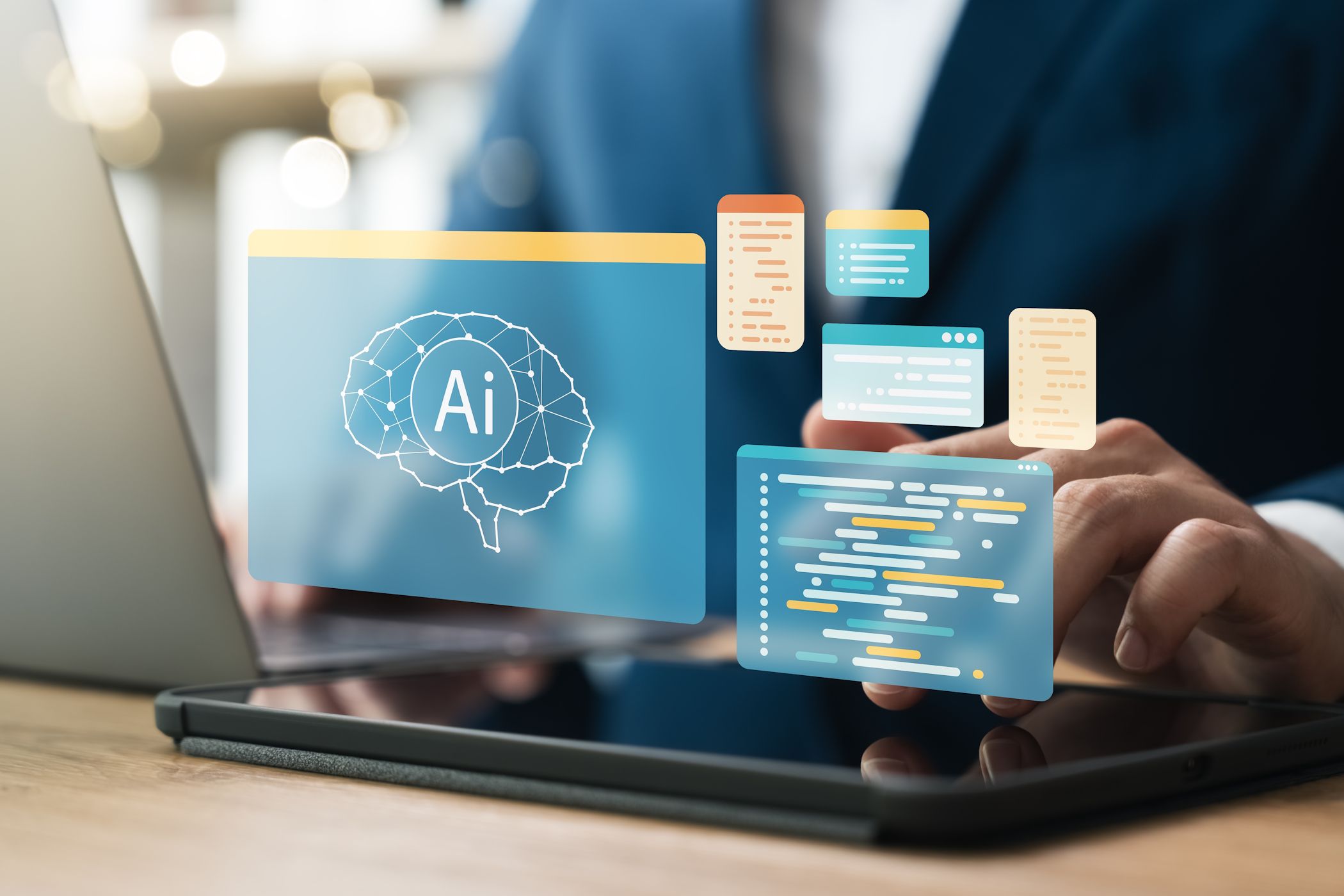 person using computer and tablet with ai logos