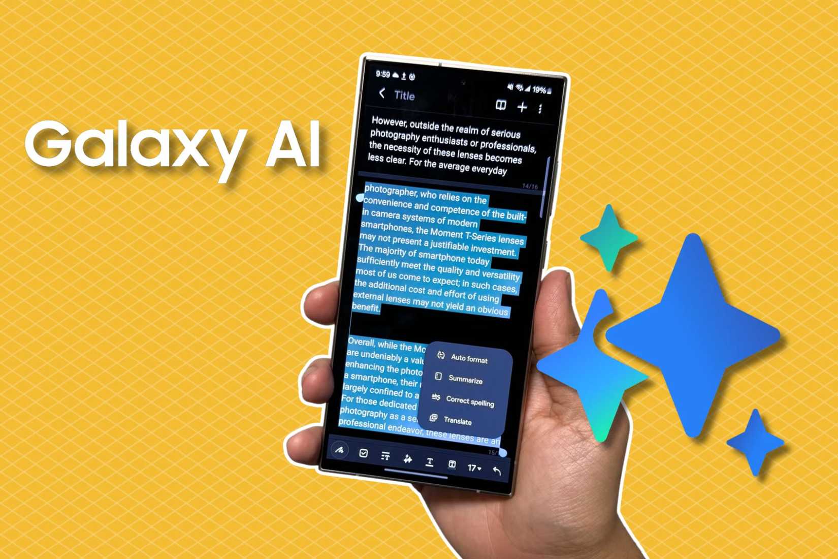 Samsung Galaxy S24 Ultra with Galaxy AI icon and yellow gradient background