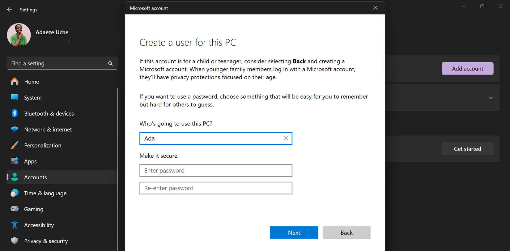 The Create a user for this PC dialog box displayed in the Settings app on a Windows 11 PC