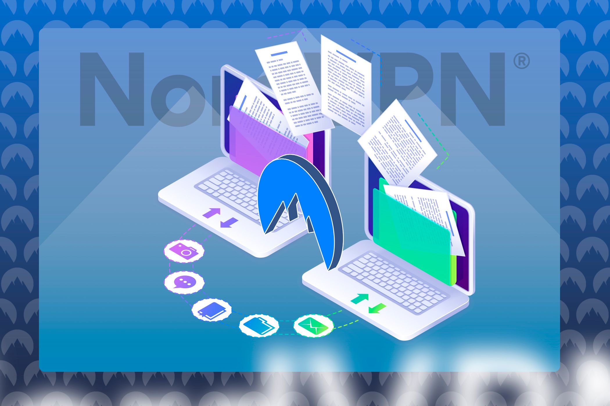 Two laptops side by side with files being transferred and the NordVPN logo in the center.
