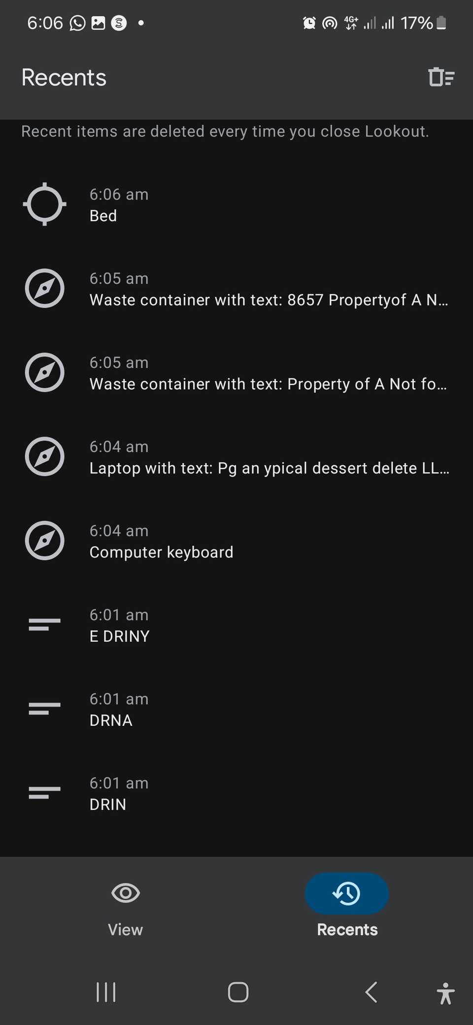 The list of recent searches on Lookout