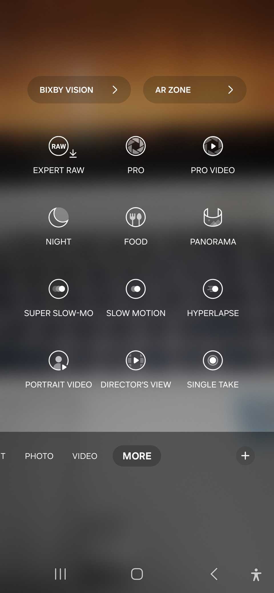 A screenshot showing Bixby Vision among the camera options on a Galaxy device