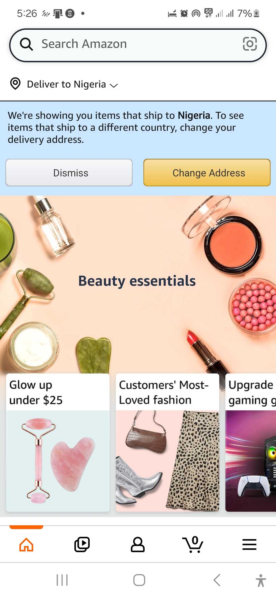 A screenshot showing the homepage of the Amazon Shopping app, including the search bar at the top