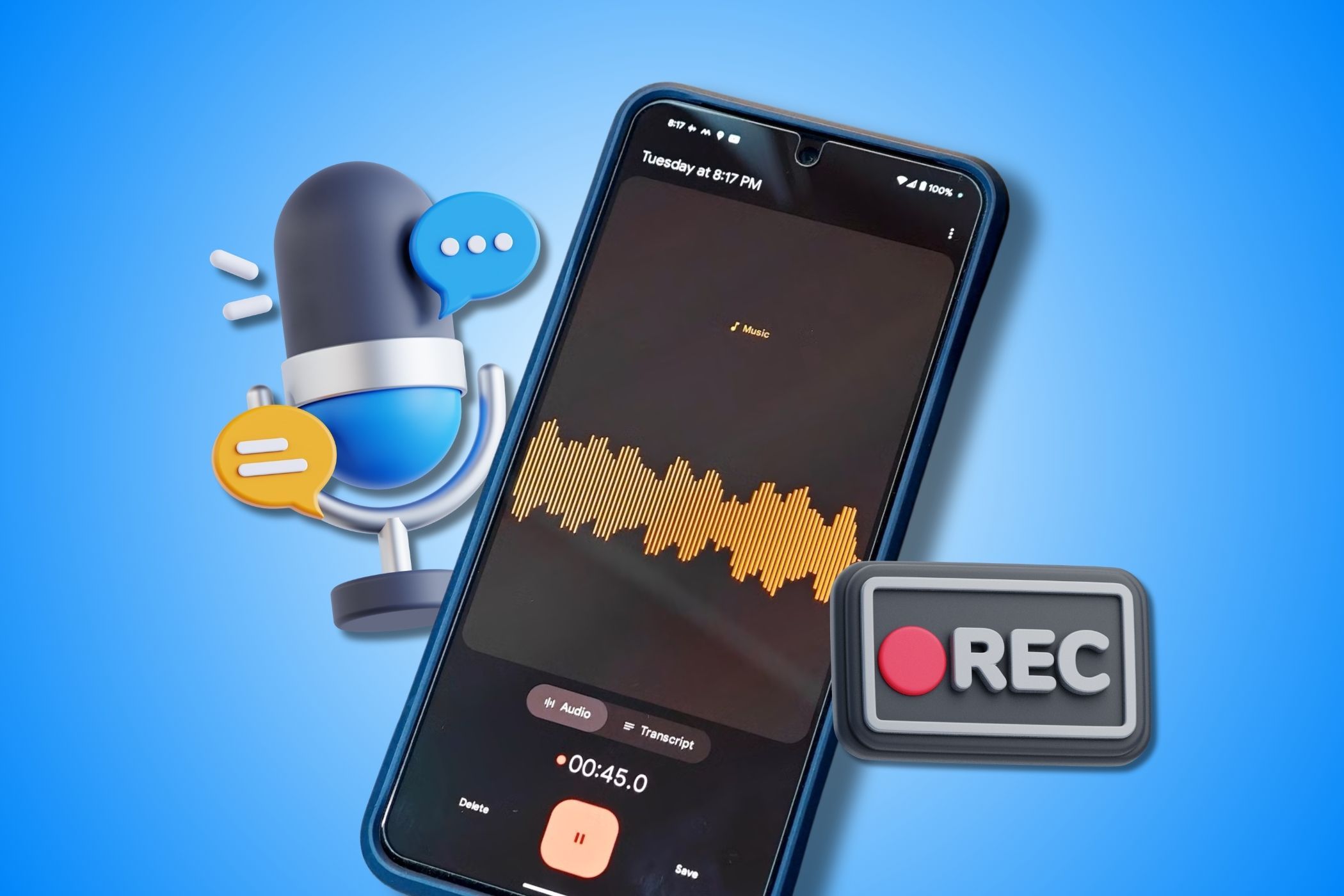 Android phone showing voice recorder app with microphone and Record icons on either side