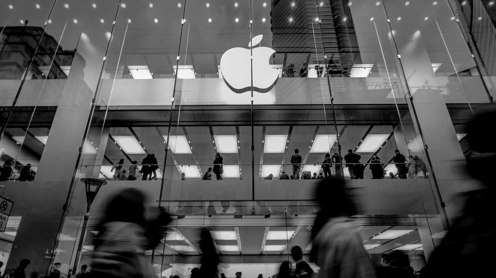 black and white image of an Apple store