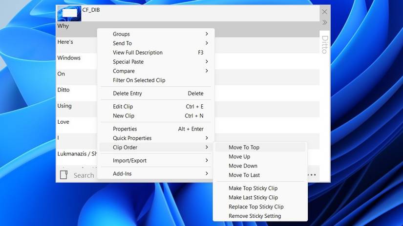 Ditto app showing option to delete and move clipboard items