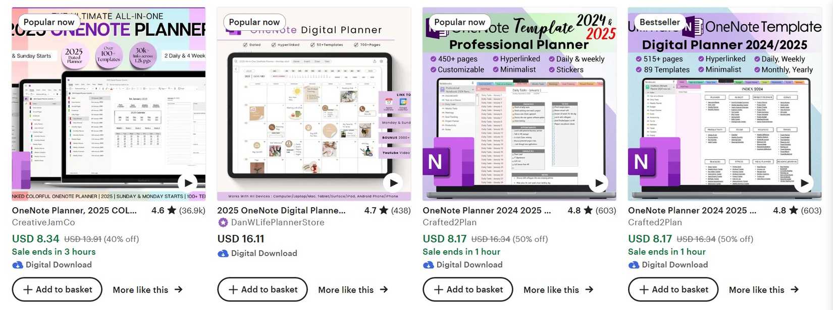 Etsy Search Results Page Showing OneNote Templates