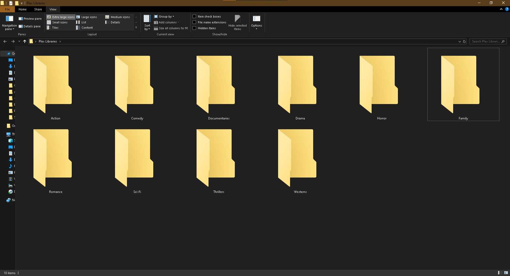 Multiple folders in Windows 10 labeled with different movie genres