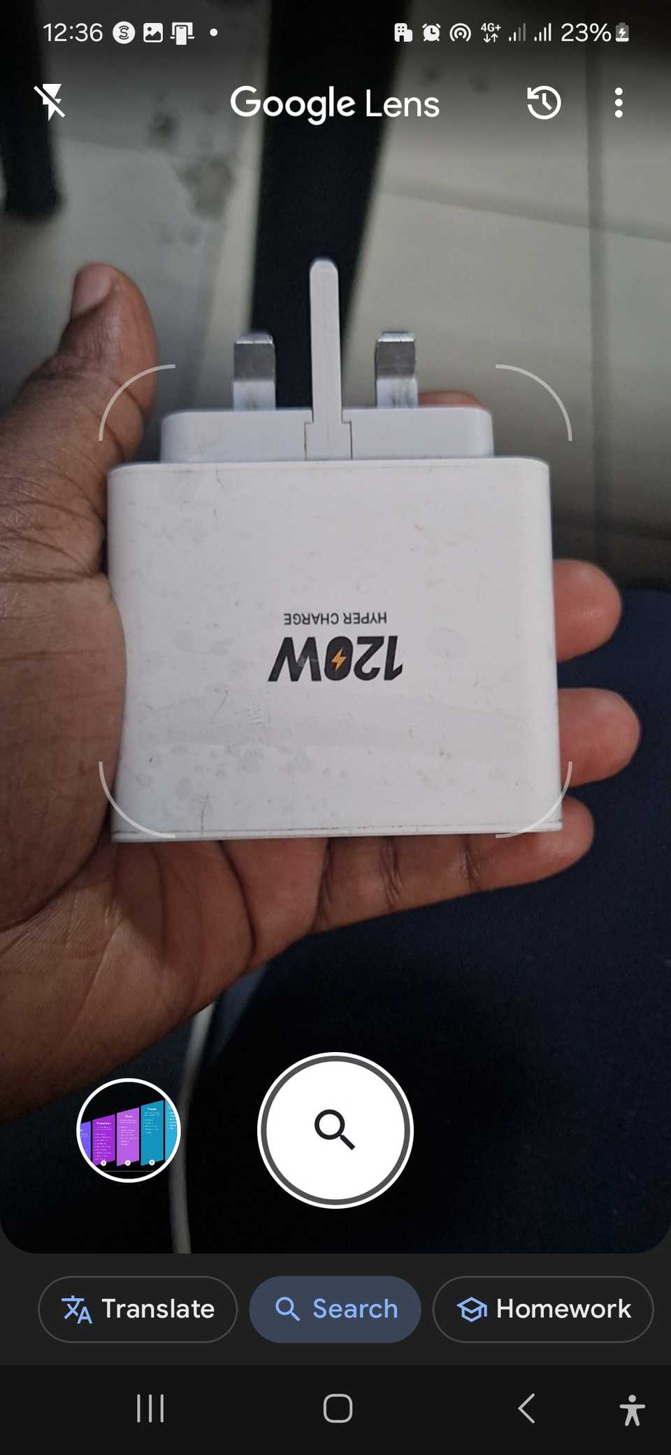 The Google Lens app about to capture an image before running a visual search