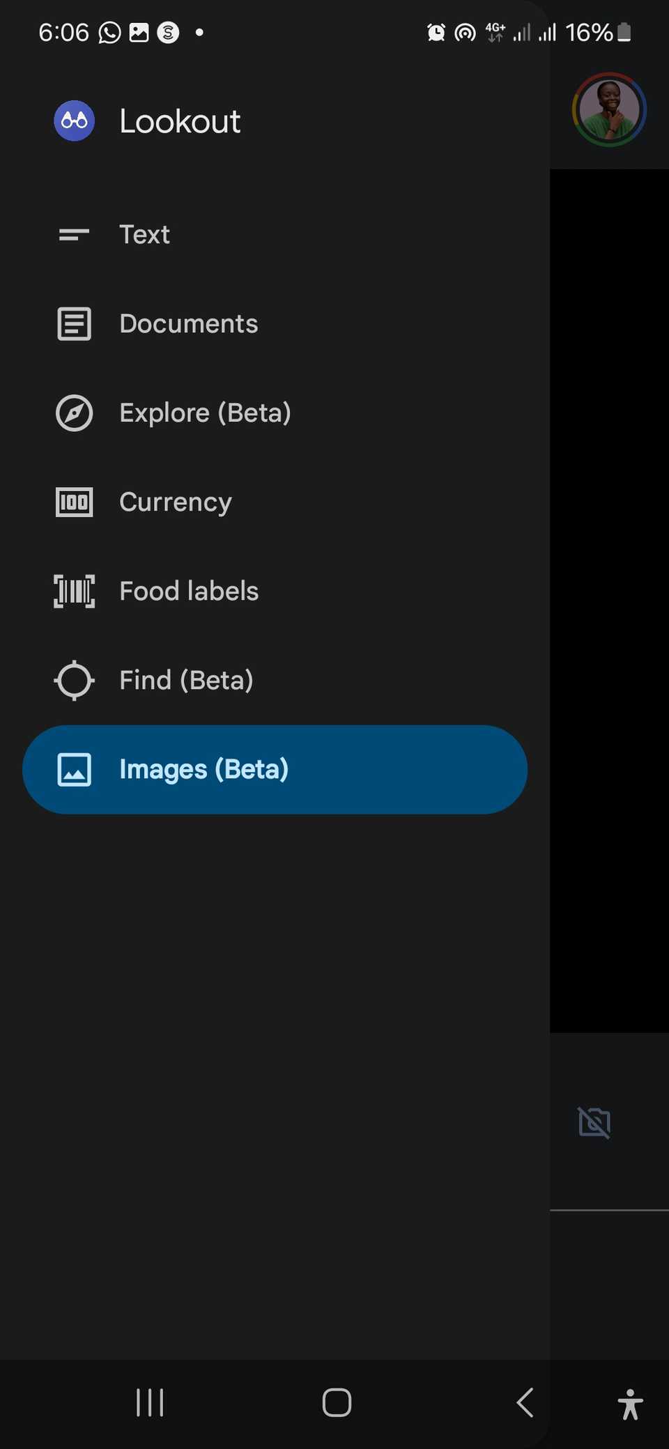 The options and modes available on the Lookout app