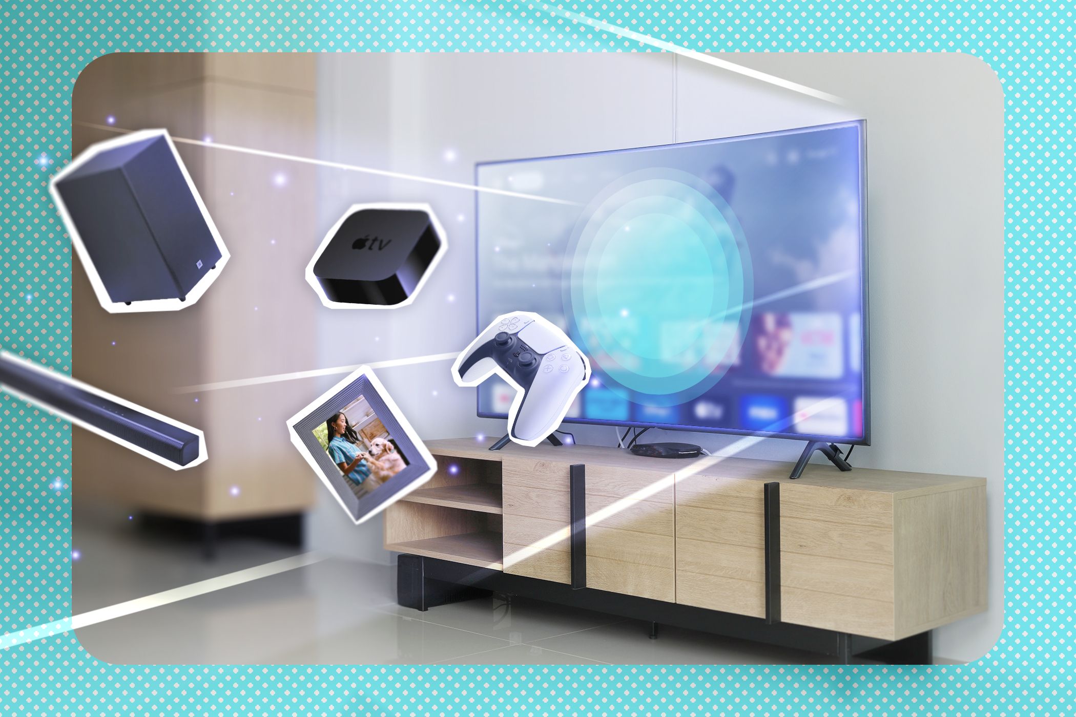 A smart TV on a shelf with some gadgets moving towards the screen.