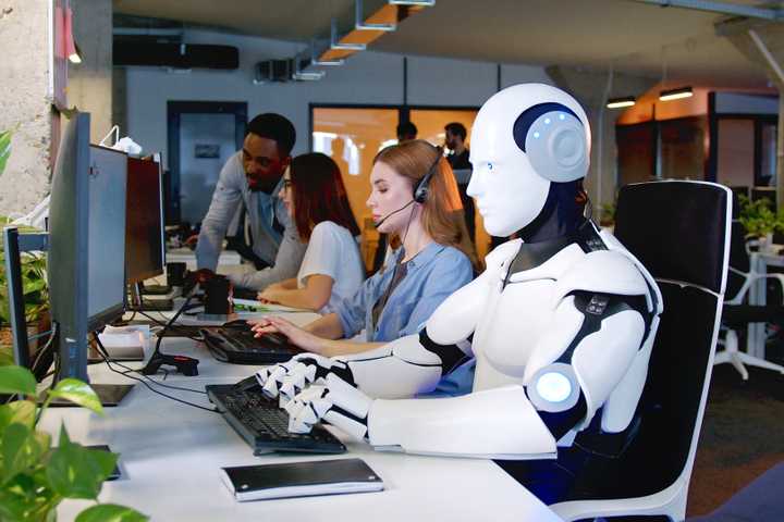 autonomous ai agent robot sitting in call center.