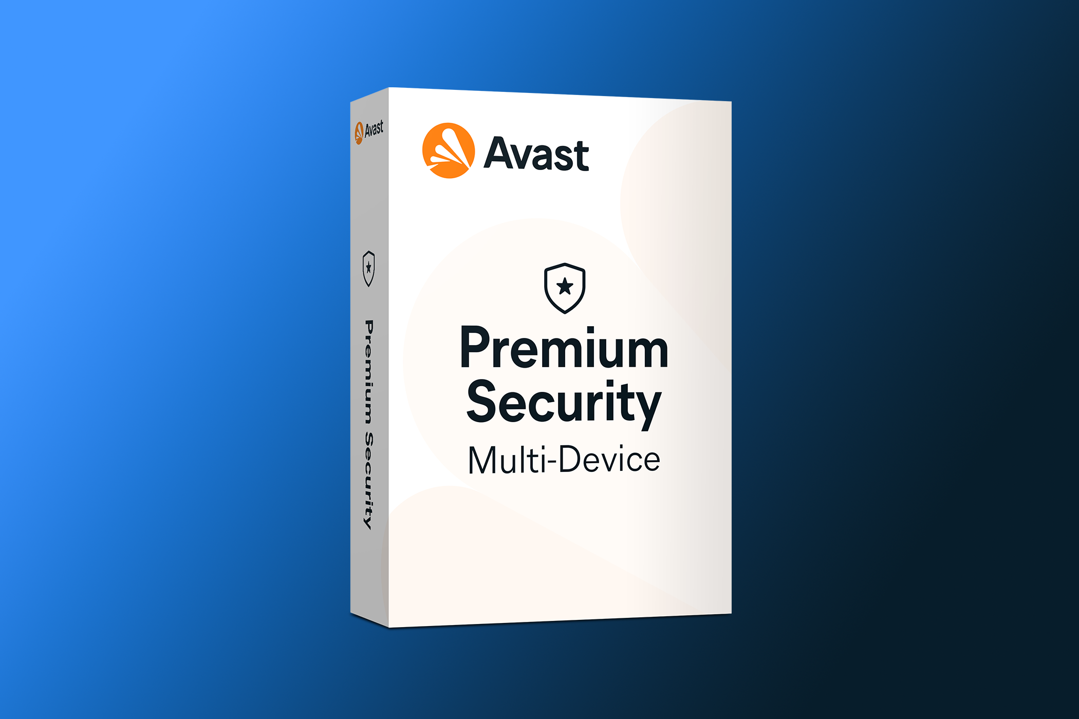 A product image of Avast Premium Security software on gradient background