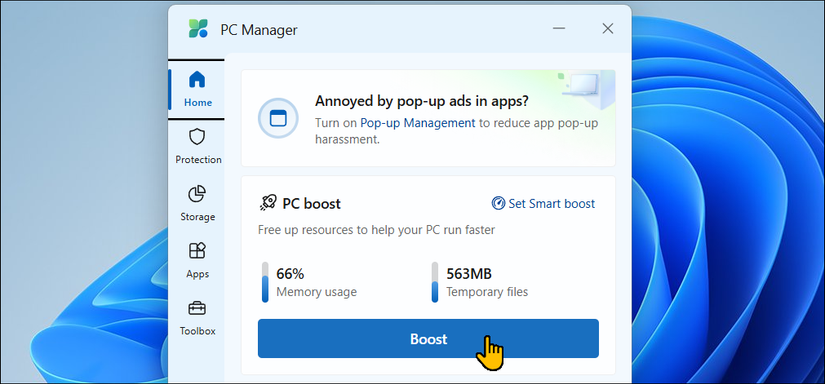Microsoft PC Manager Home screen on Windows 11