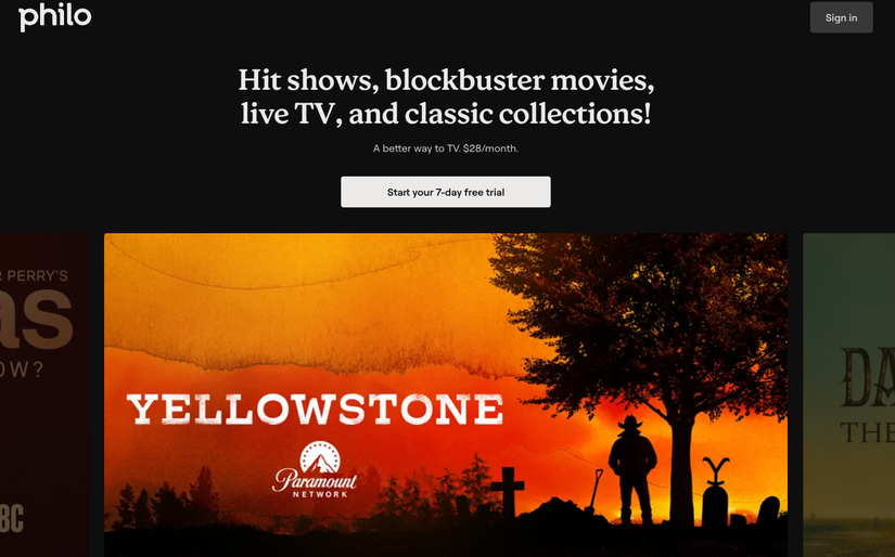 Philo Homepage with Yellowstone show promo
