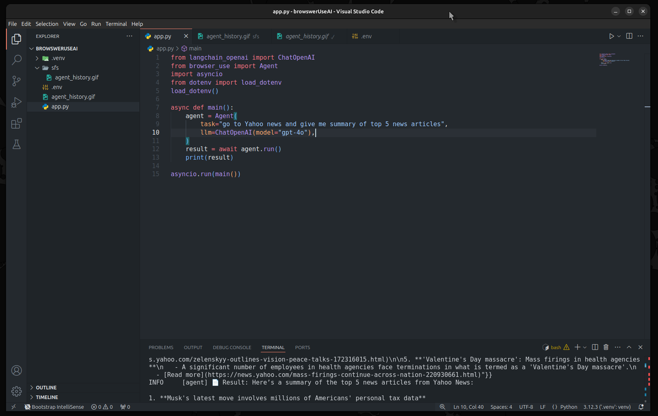 VS code IDE with BrowserUse code