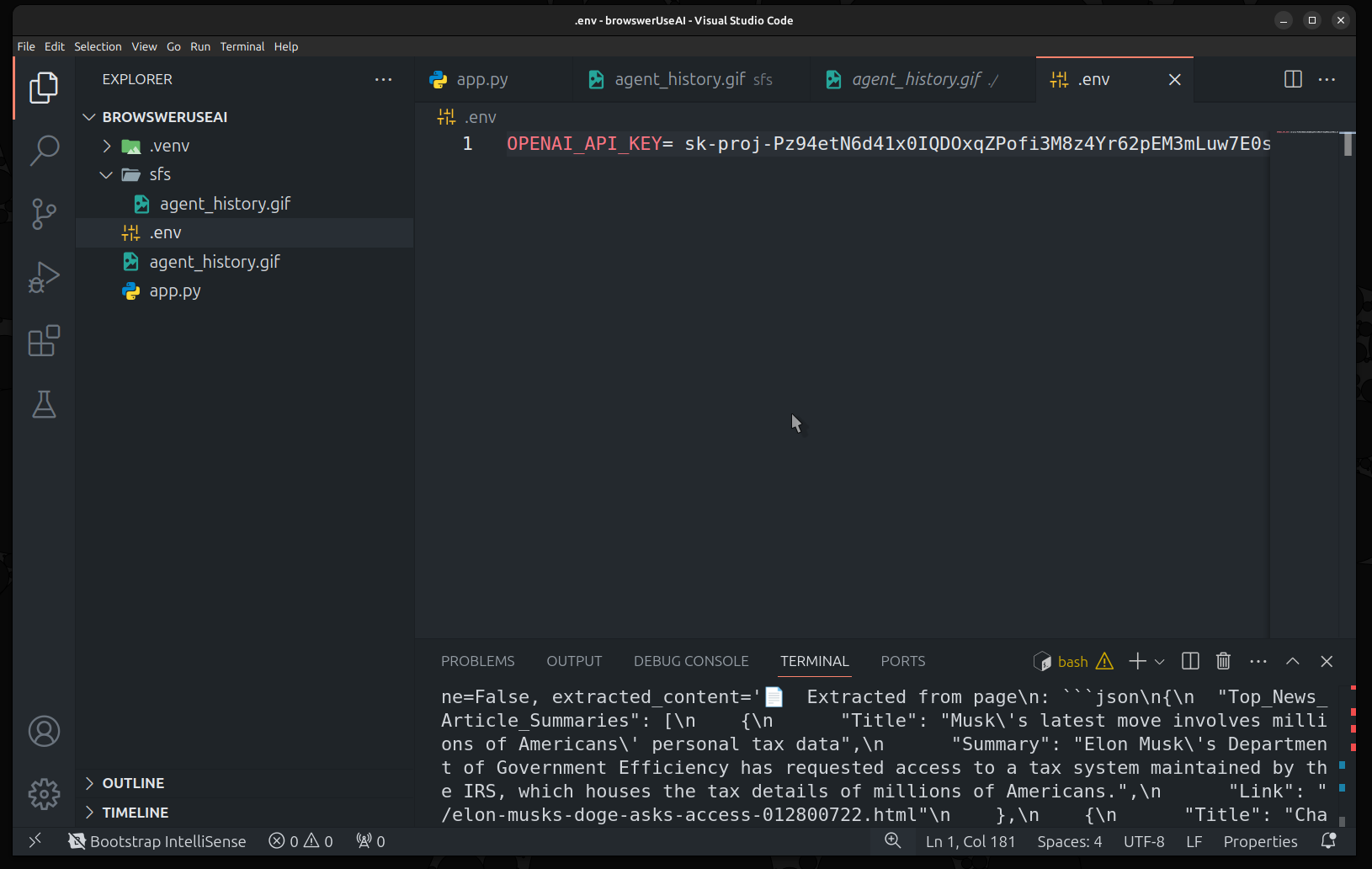VS code IDE showing OpenAI API key