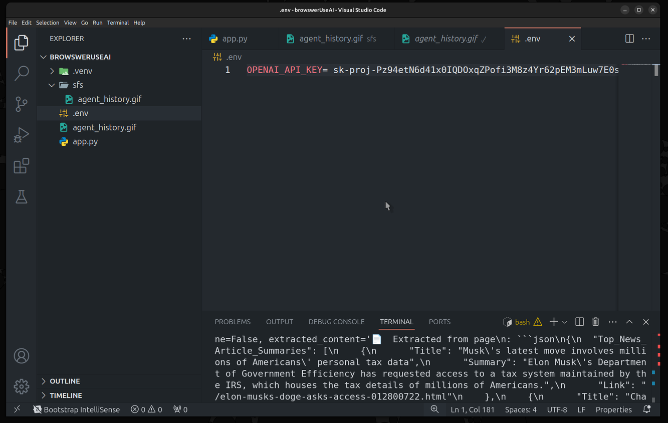 VS code IDE showing OpenAI API key