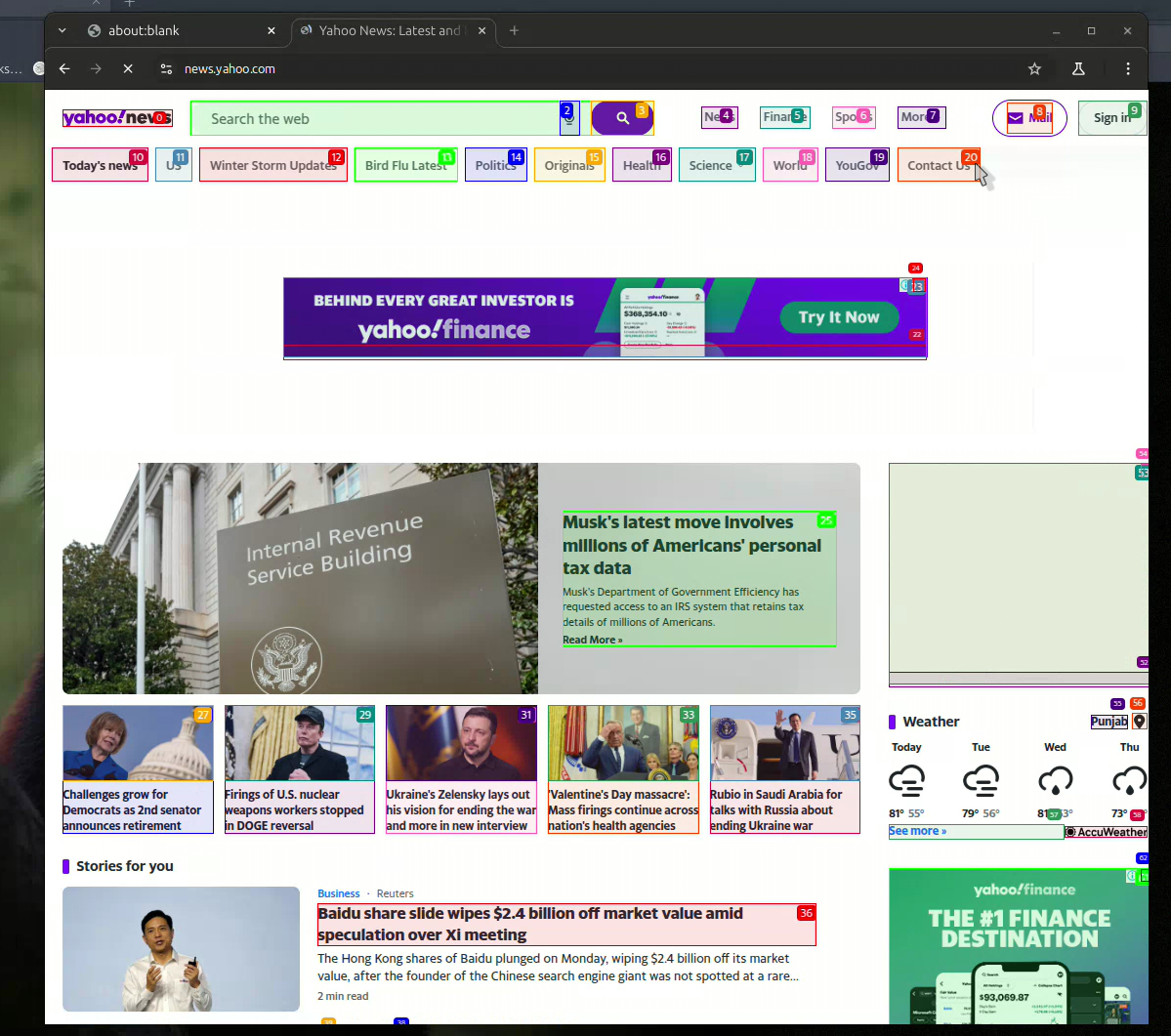 Yahoo news home page with latest happenings around the world