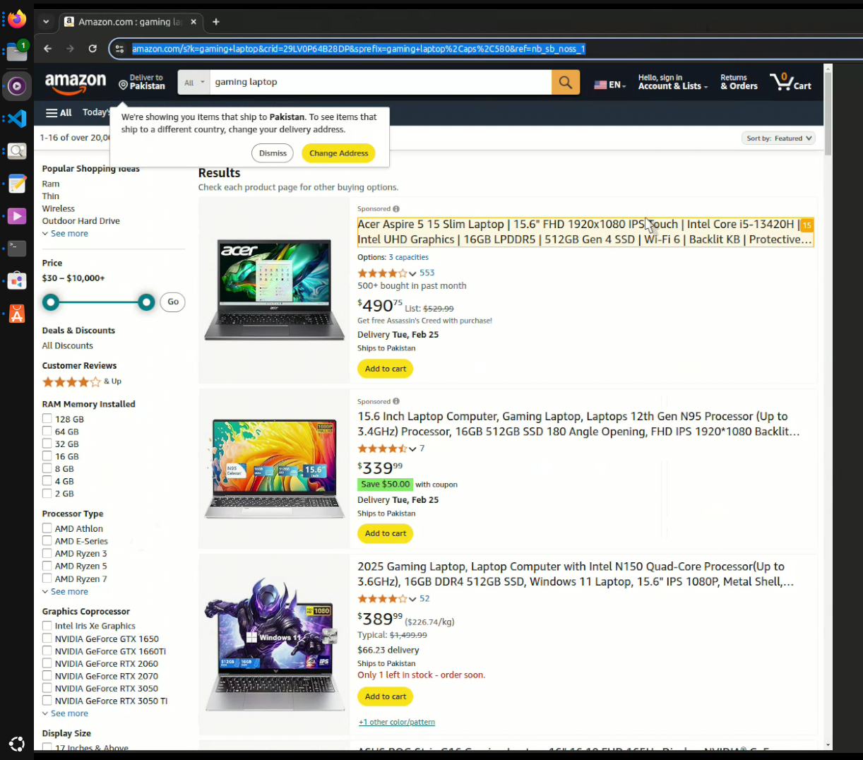 Amazon search results for the query gaming laptops