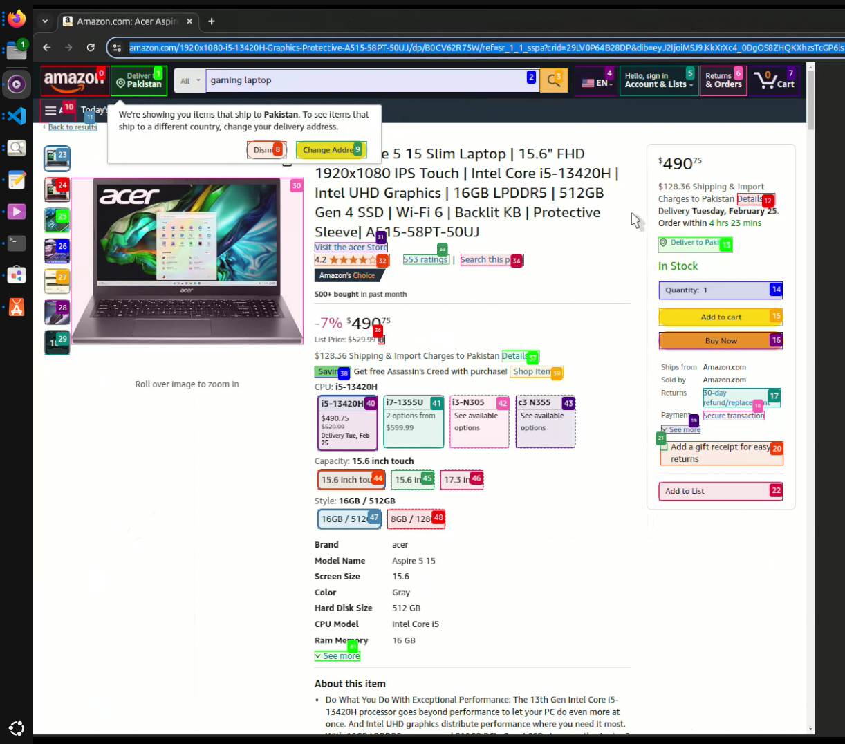 Gaming laptop on Amazon website opened using browserUse 