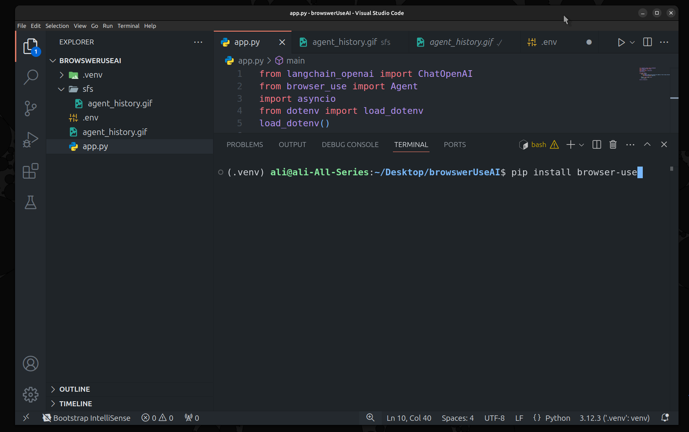 VS Code screen showing pip install browser-use code