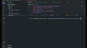 VS Code screen showing pip install browser-use code