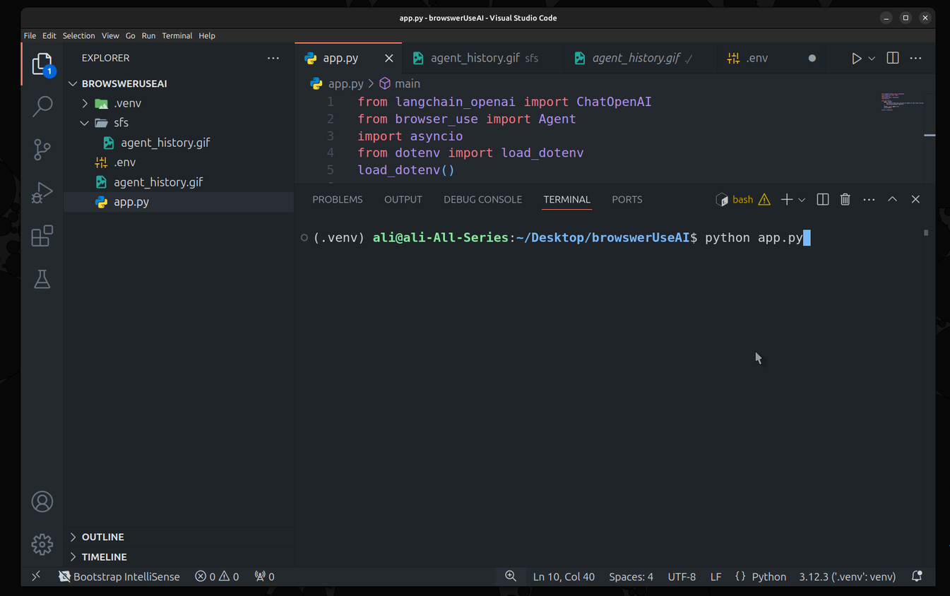 VS Code screen showing running app.py Python script file