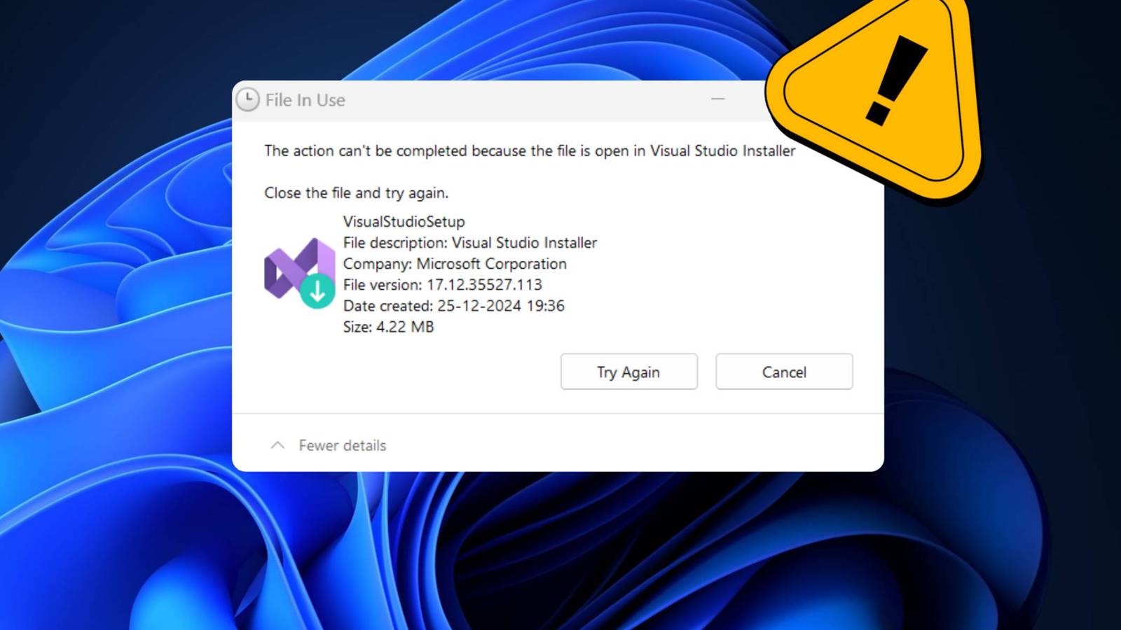 The File in use error dialog box on Windows 11 desktop