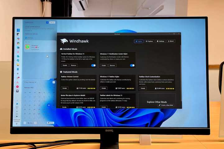 Windhawk app open in Windows 11 on an BenQ Monitor