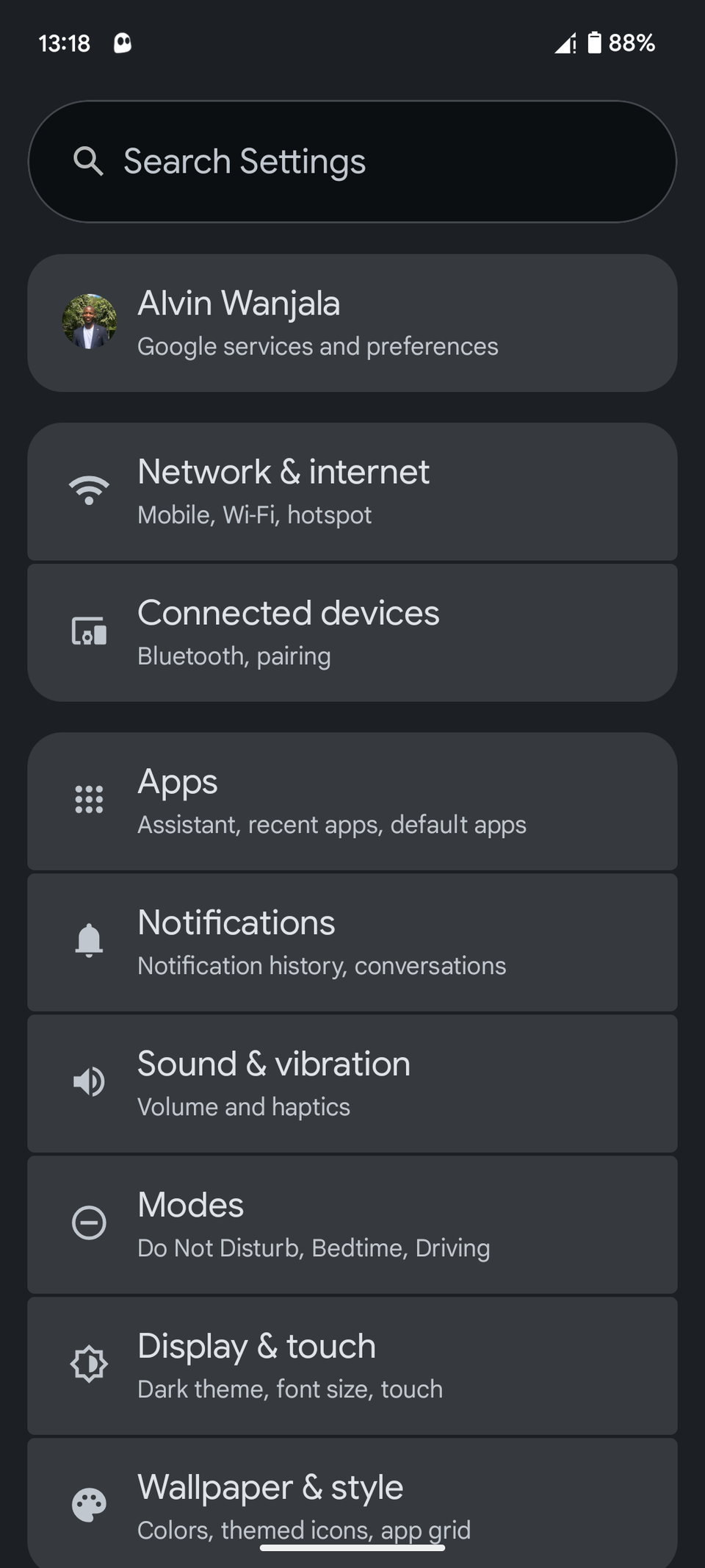Android settings app home screen