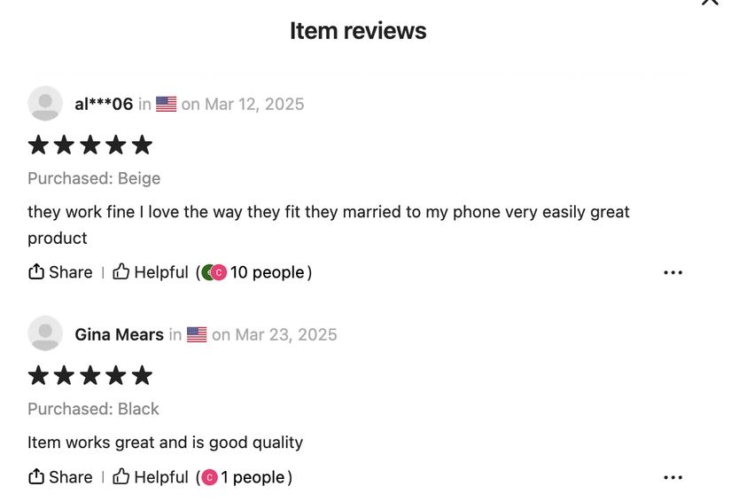 Reviews left by customers on Temu