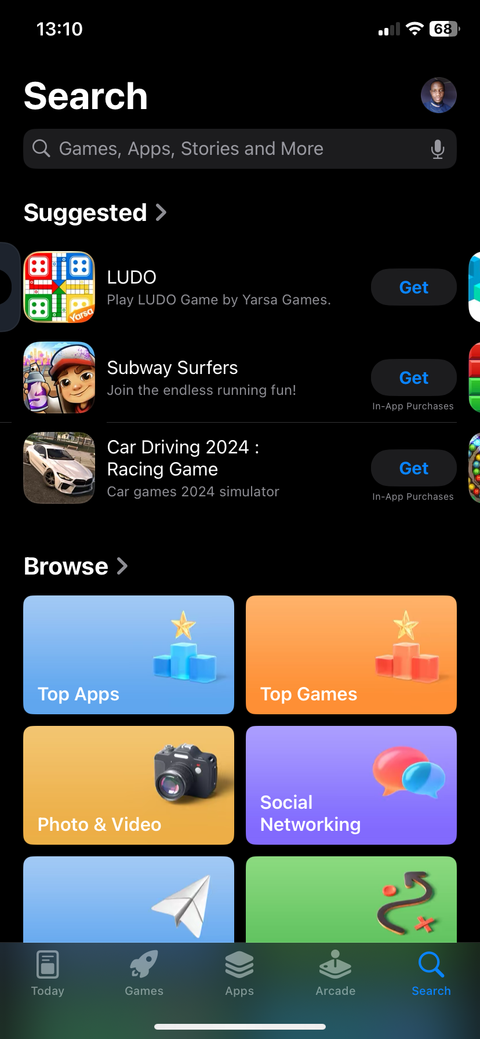 Search tab open in App Store