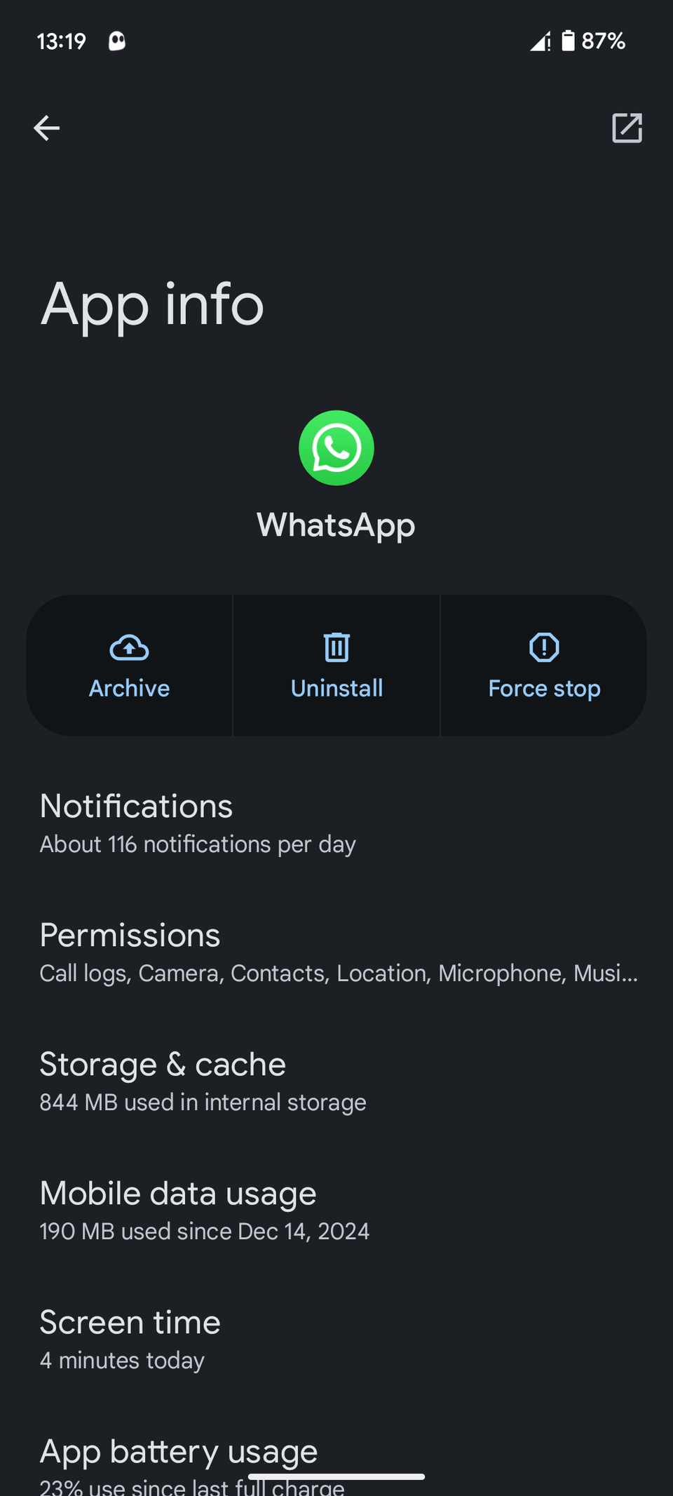 Viewing app management page for WhatsApp Android