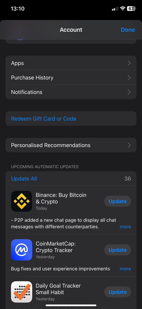 Viewing list of available app updates in App Store