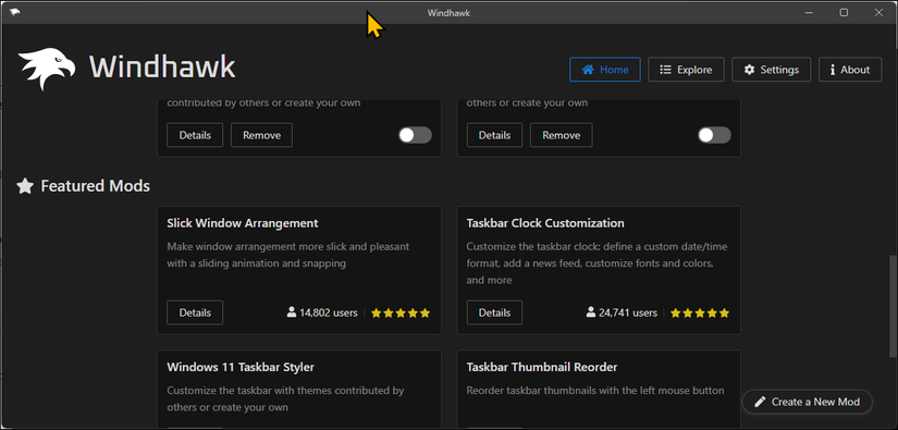 Windhawk Home interface running on Windows 11