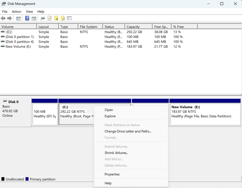 Windows 11 disk management utility showing options for a partition
