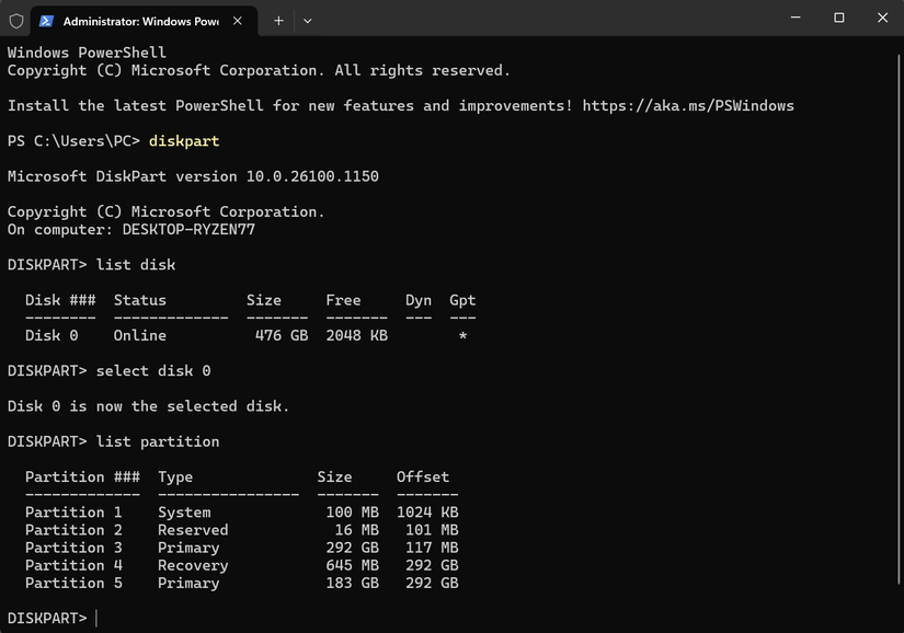Windows powershell terminal showing list of partitions
