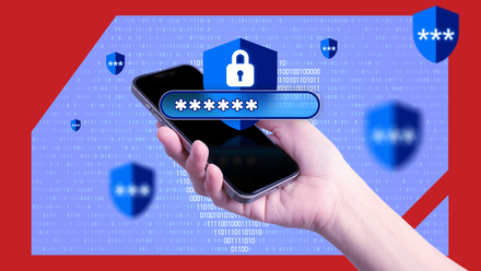 A hand holding a smartphone with a security shield and a password.