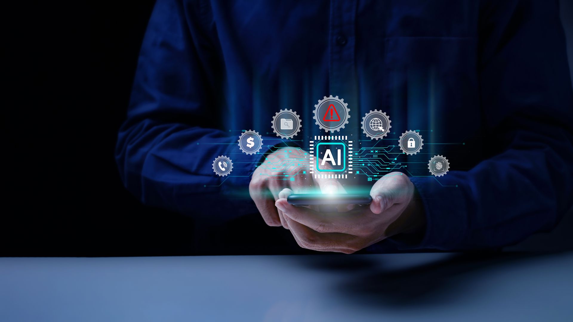 ai scammer using a smartphone.