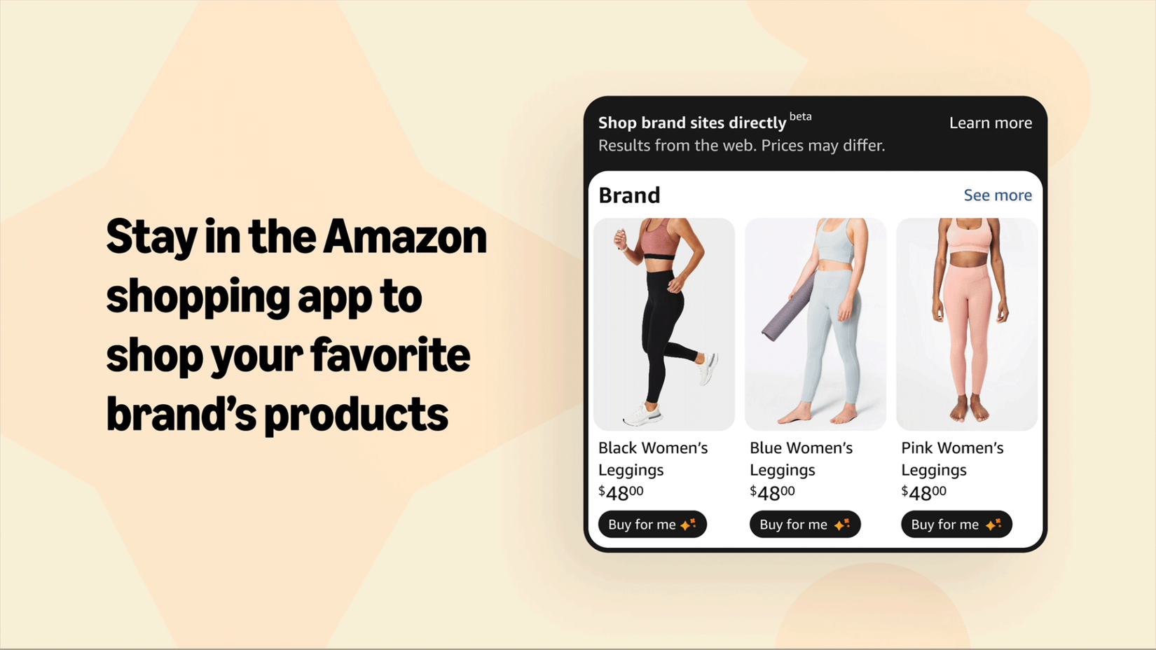 An Amazon advertisement showcasing the Buy For Me feature, with rows of leggings for women