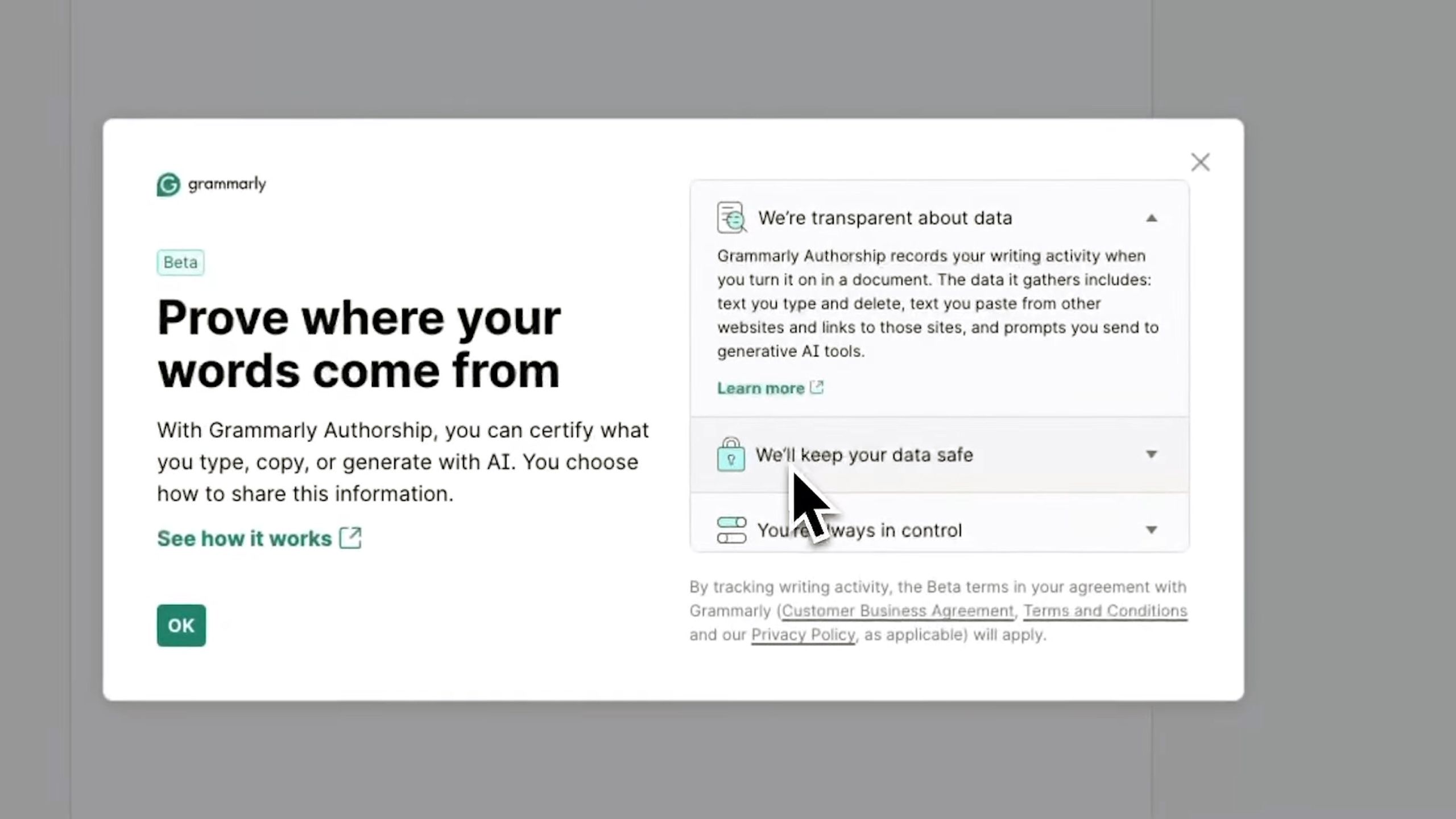 Grammarly Authorship welcome window
