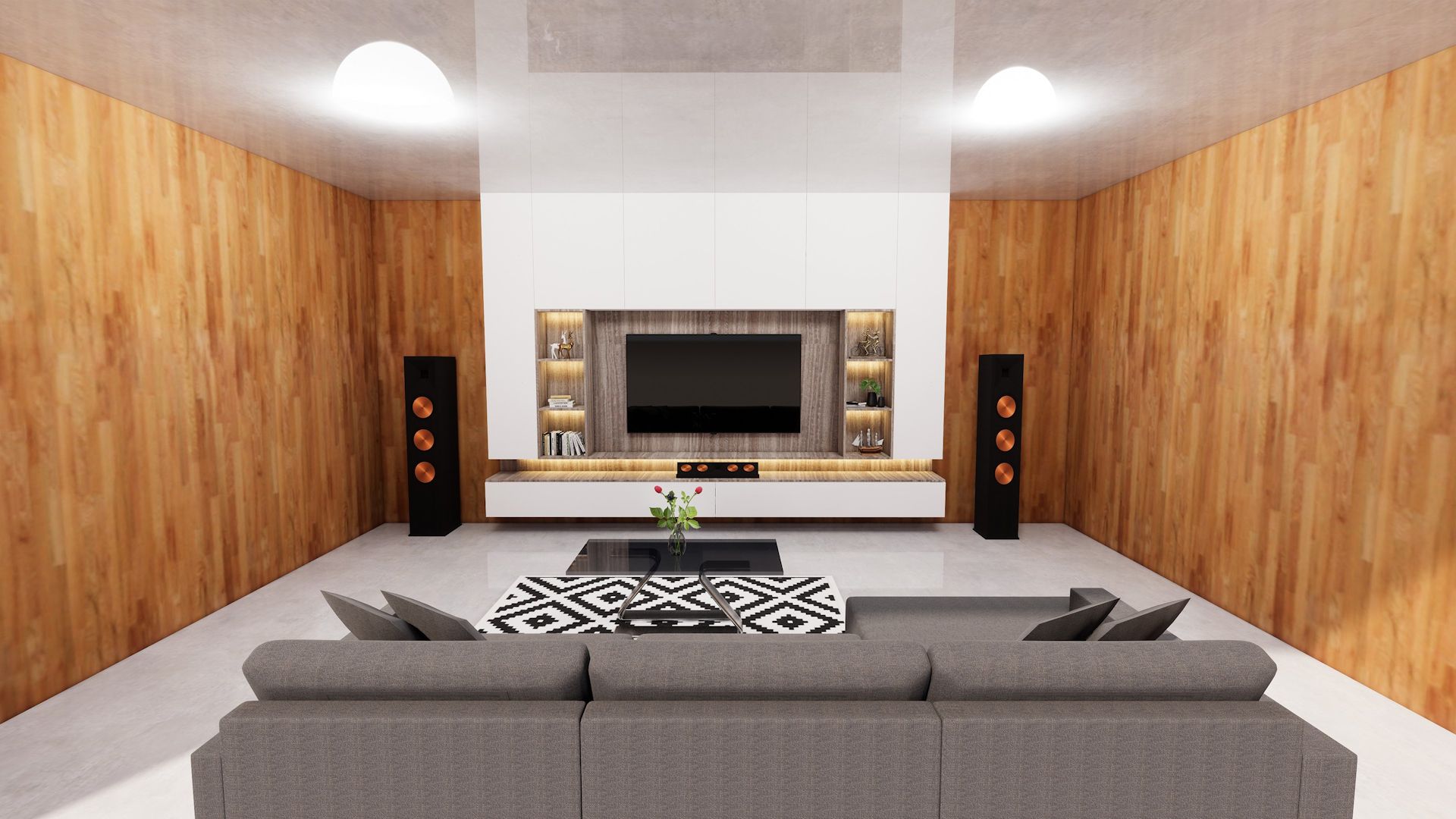 home theatre setup with large floor speakers.
