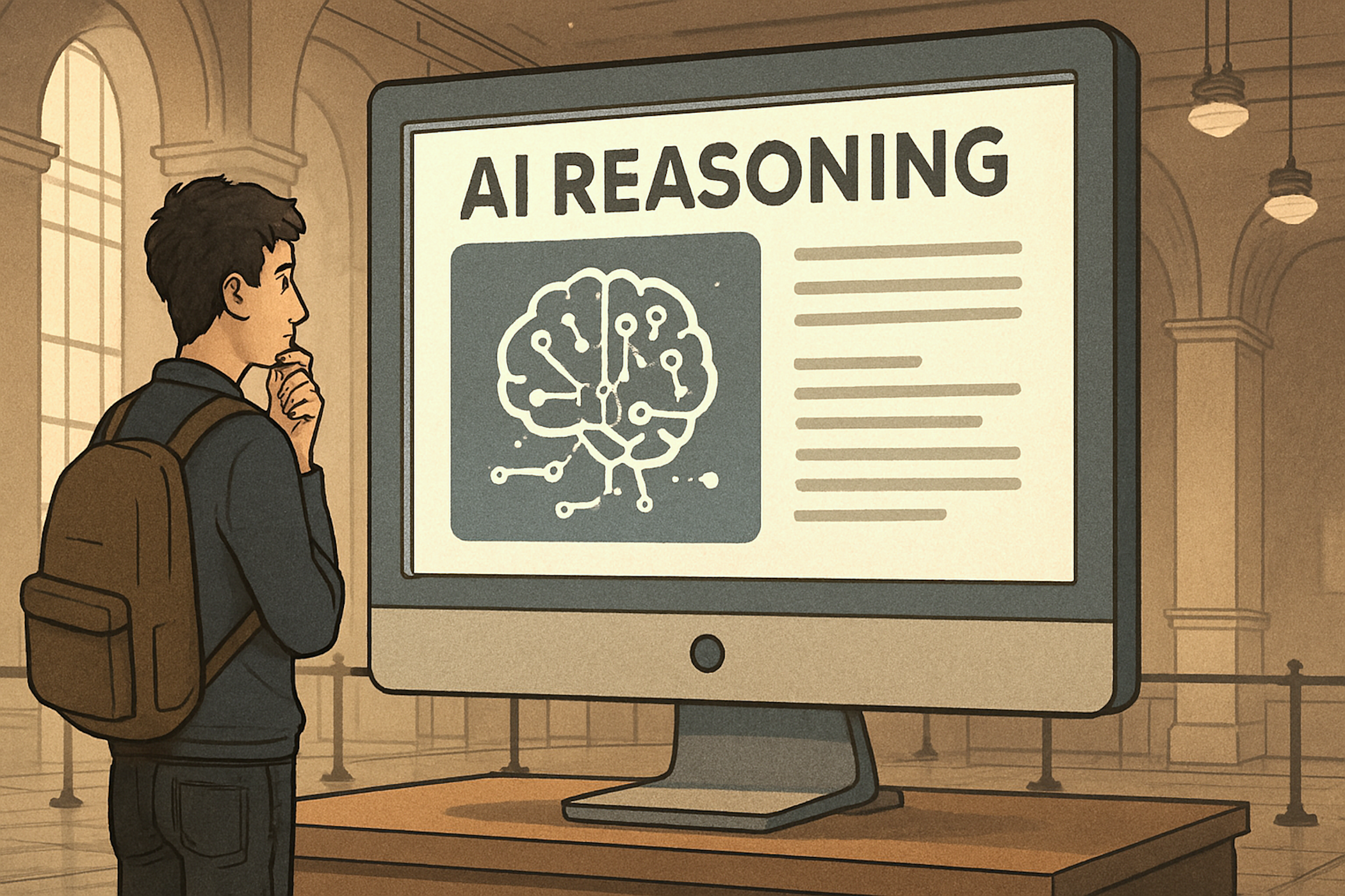 illustration of man staring at computer showing ai reasoning model.