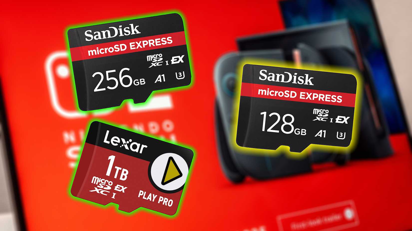 microsd express memory cards varying sizes with nintendo switch 2 advert.