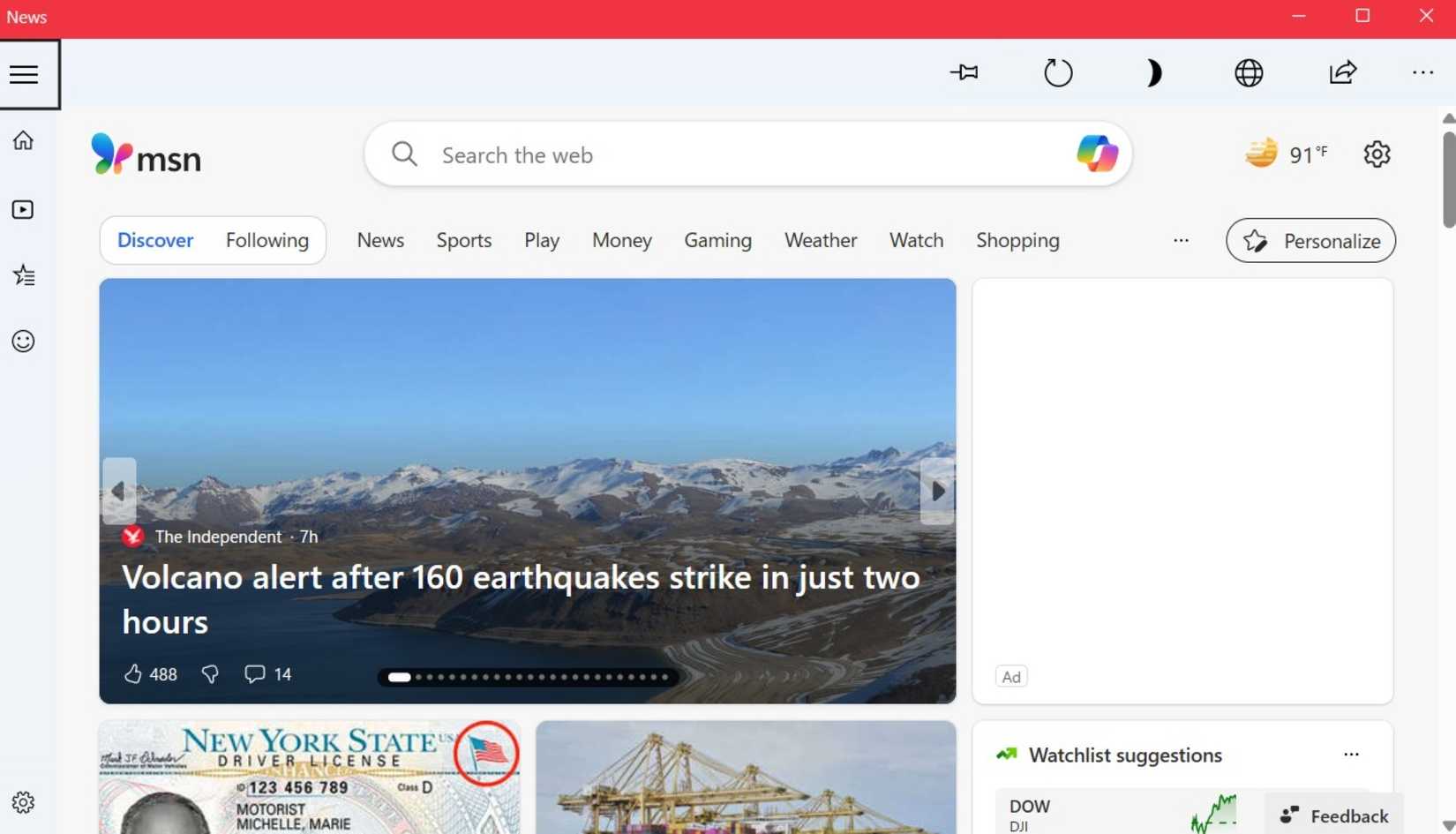 Microsoft News app home tab