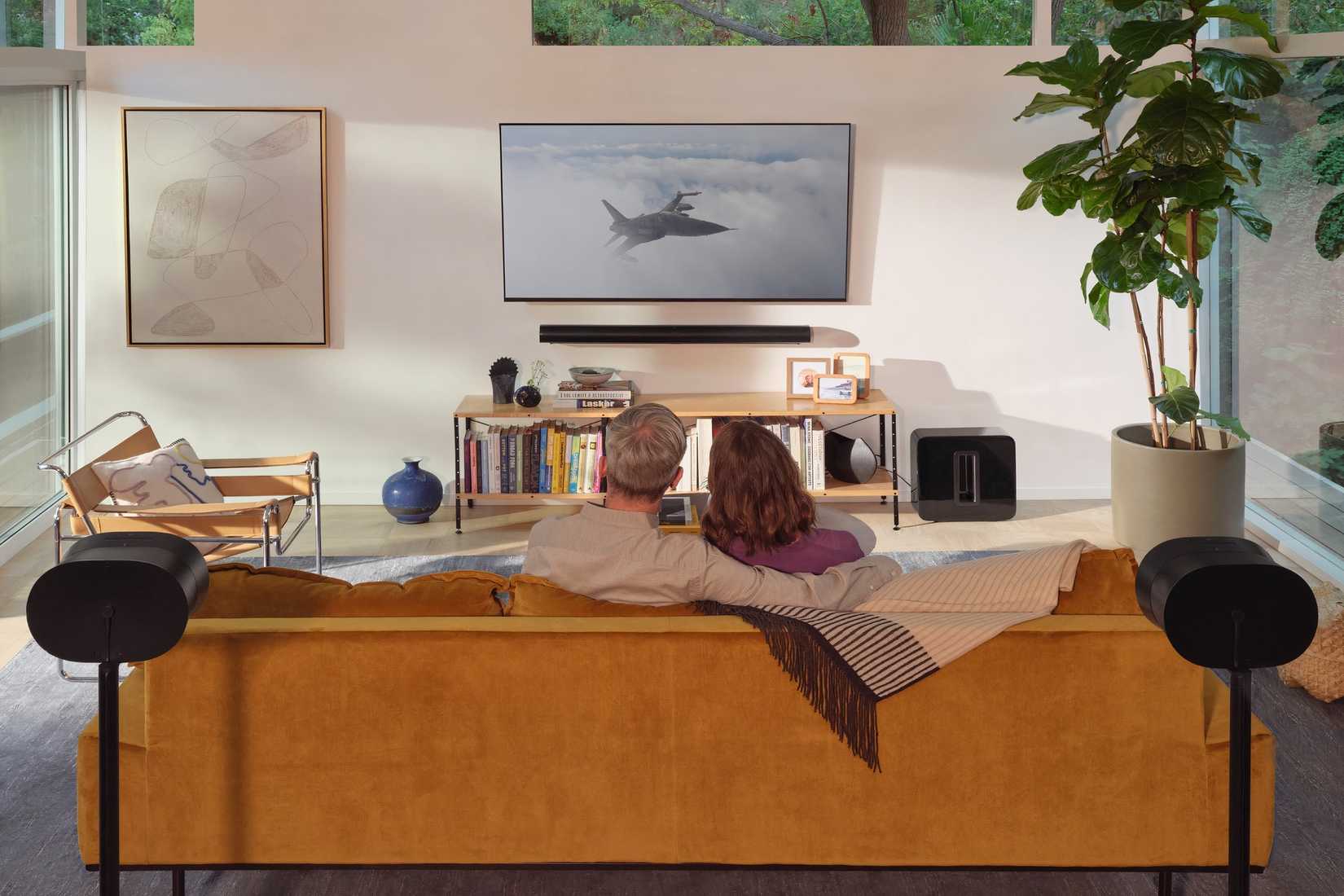 A Sonos audiovisual setup with satellite speakers.