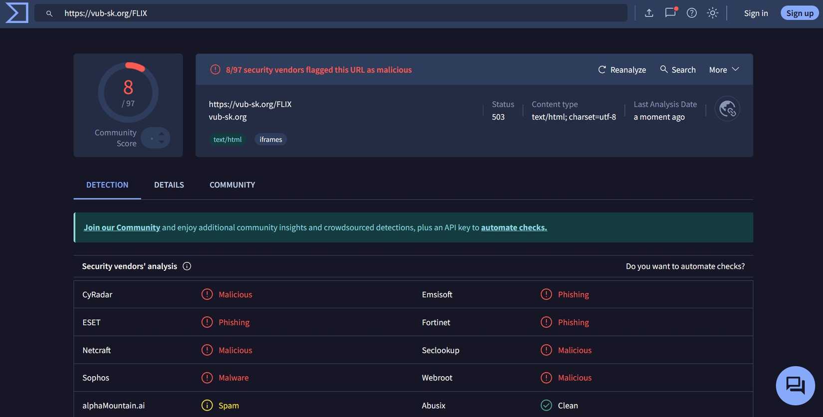 virustotal malicious scan netflix phishing site.